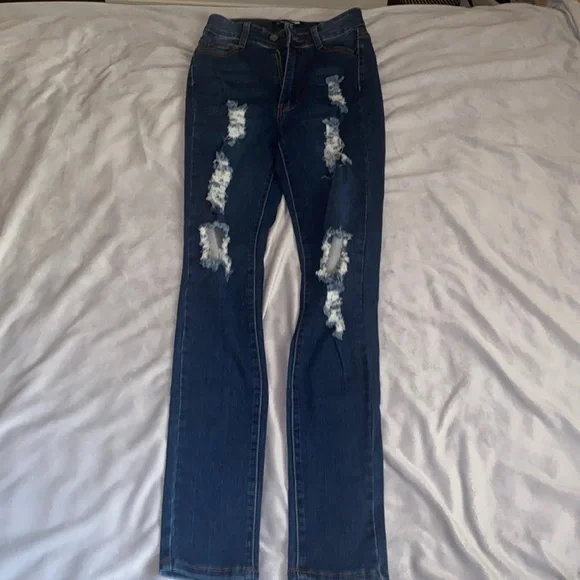 Fashion Nova Ripped Dark Blue Jeans - Picture 1 of 5